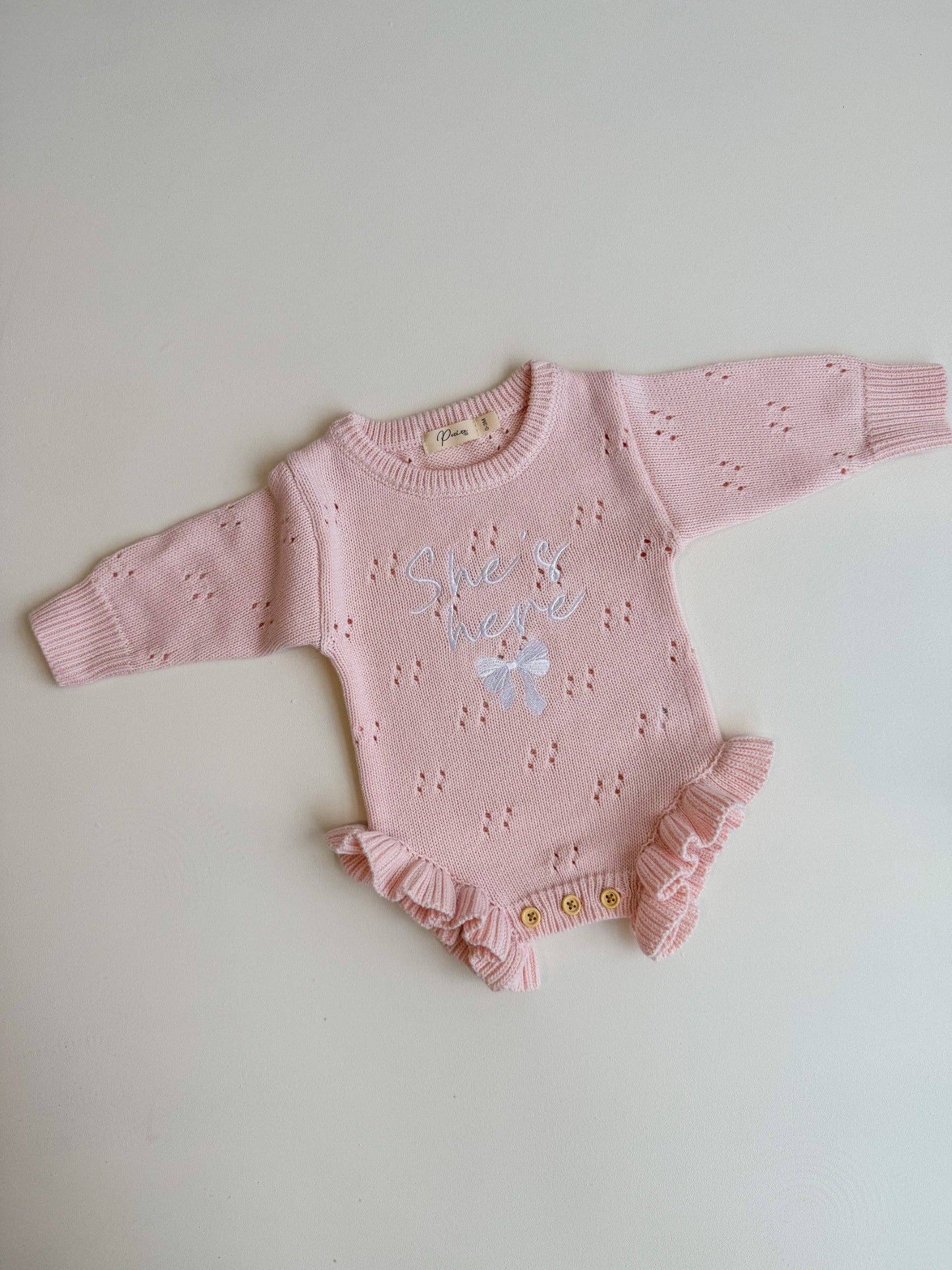 Petite + Co - SHE'S HERE BOW - POINTELLE FRILL ROMPER | BABY PINK