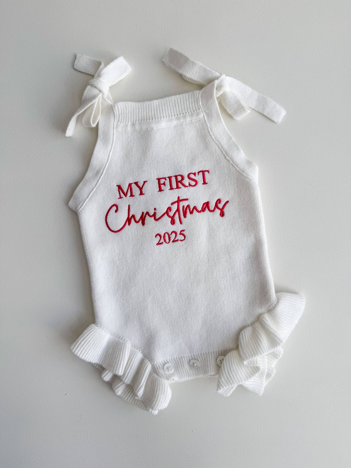 Petite + Co - FRILL TIE ROMPER | MILK - MY FIRST CHRISTMAS 2025