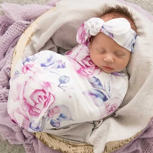 Snuggle Hunny- Lilac Skies Baby Jersey Wrap & Topknot Set