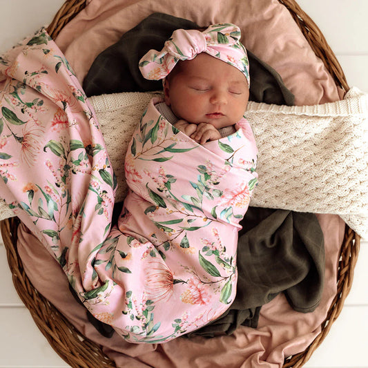 Snuggle Hunny - Pink Wattle Organic Jersey Wrap & Topknot Set