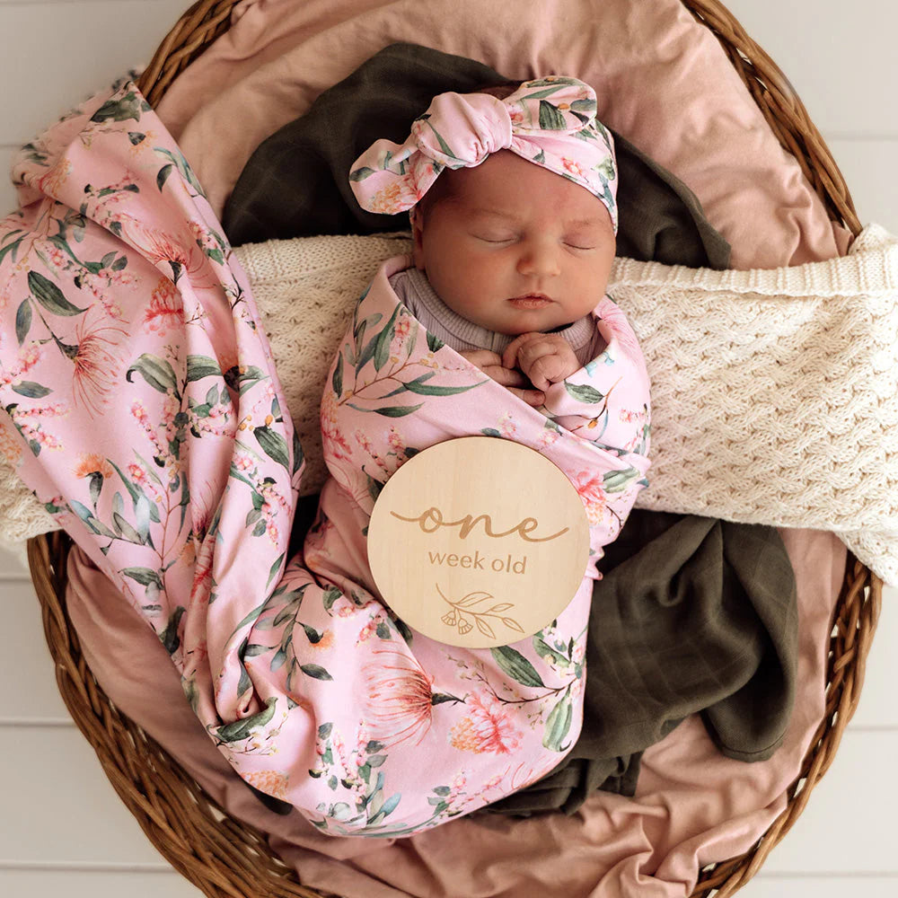 Snuggle Hunny - Pink Wattle Organic Jersey Wrap & Topknot Set