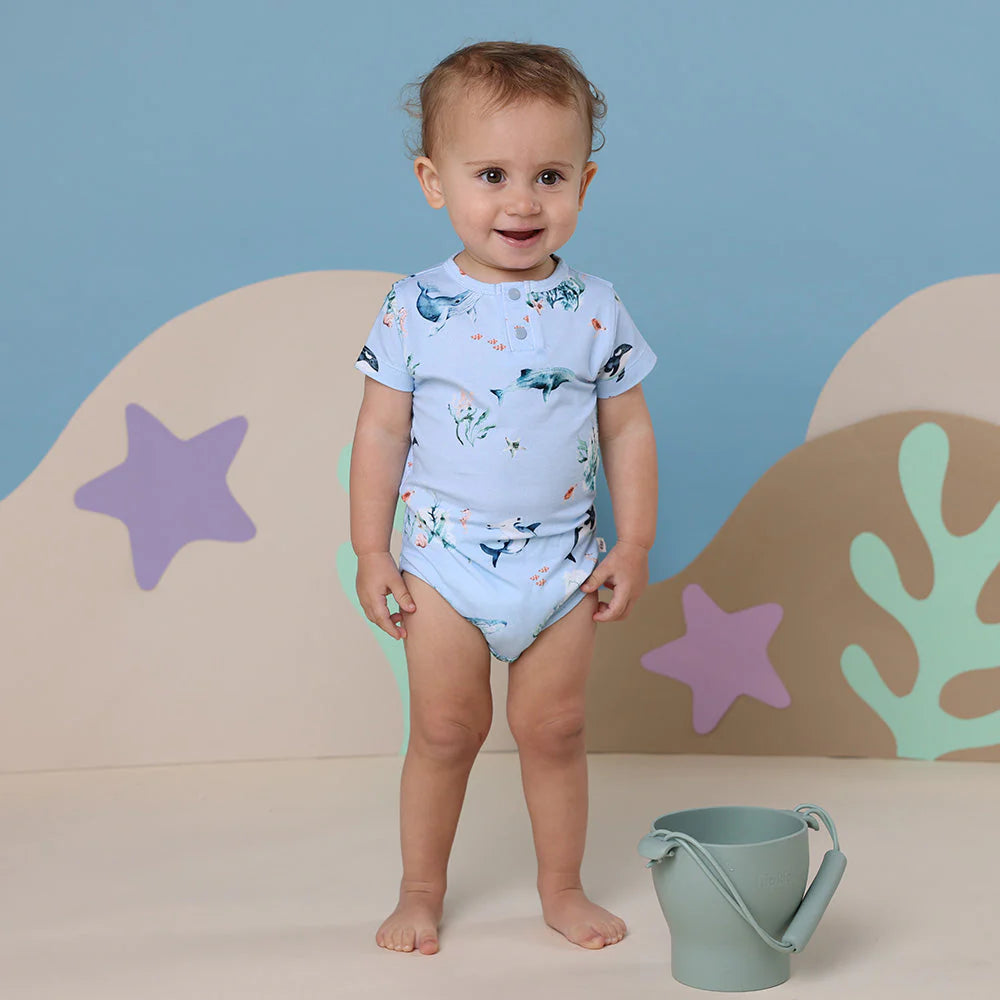 Snuggle Hunny - Blue Ocean Short Sleeve Bodysuit