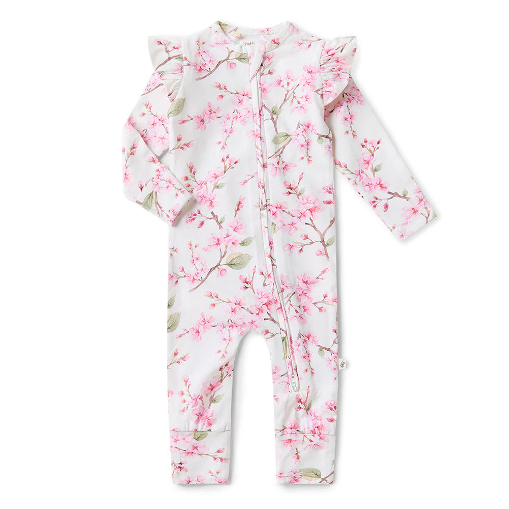 Snuggle Hunny - Cherry Blossom Organic Snugglesuit Convertible Romper with Frill