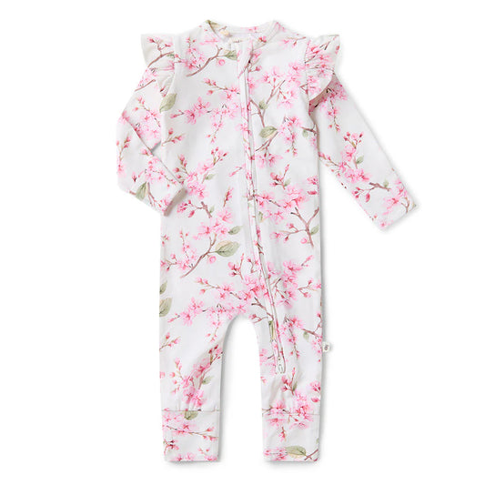 Snuggle Hunny - Cherry Blossom Organic Snugglesuit Convertible Romper with Frill