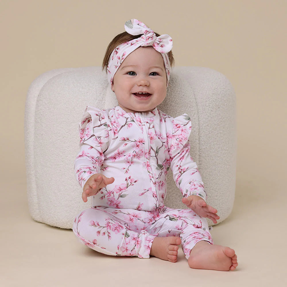 Snuggle Hunny - Cherry Blossom Organic Snugglesuit Convertible Romper with Frill