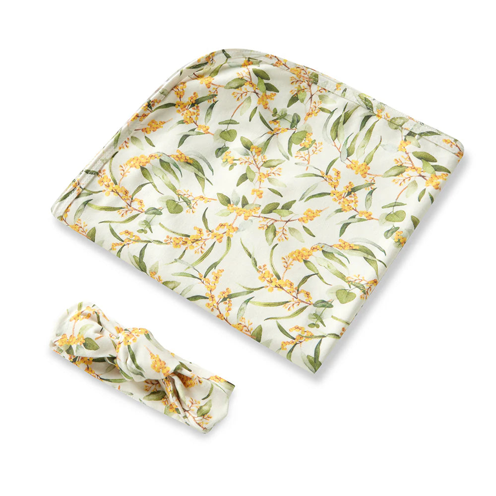 Snuggle Hunny - Golden Wattle Organic Jersey Wrap & Topknot Set