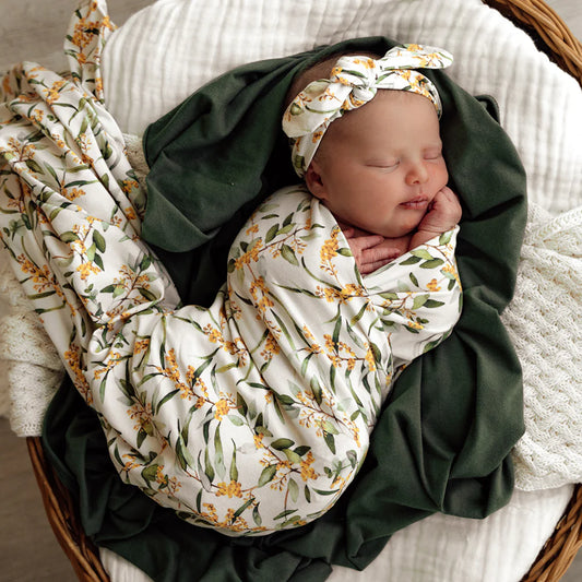 Snuggle Hunny - Golden Wattle Organic Jersey Wrap & Topknot Set