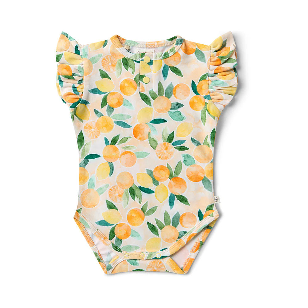 Snuggle Hunny - Sunny Citrus Short Sleeve Organic Bodysuit with Frill