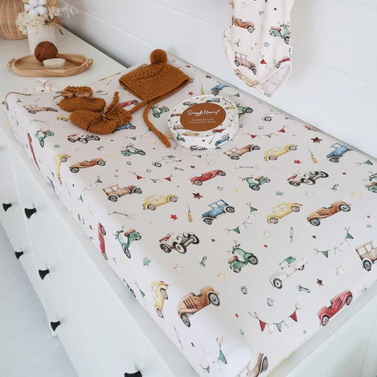Snuggle Hunny - Vintage Cars Organic Bassinet Sheet / Change Pad Cover