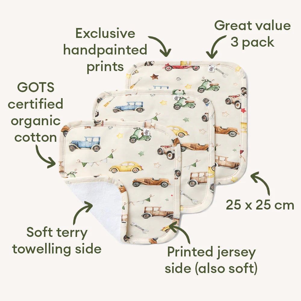 Snuggle Hunny - Vintage Cars Organic Wash Cloths - 3 Pack