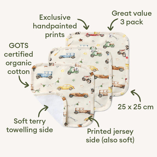 Snuggle Hunny - Vintage Cars Organic Wash Cloths - 3 Pack